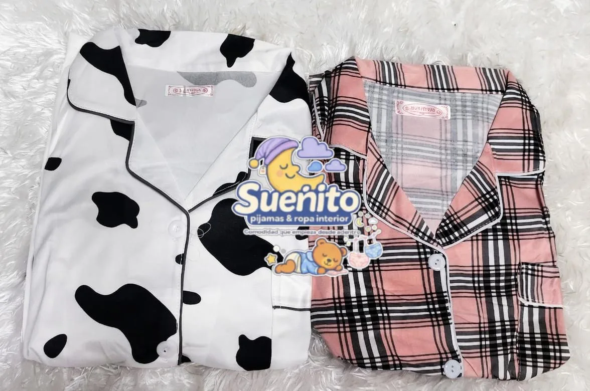 Algodón Pantalon Manga Corta Estampada Boton Dama
