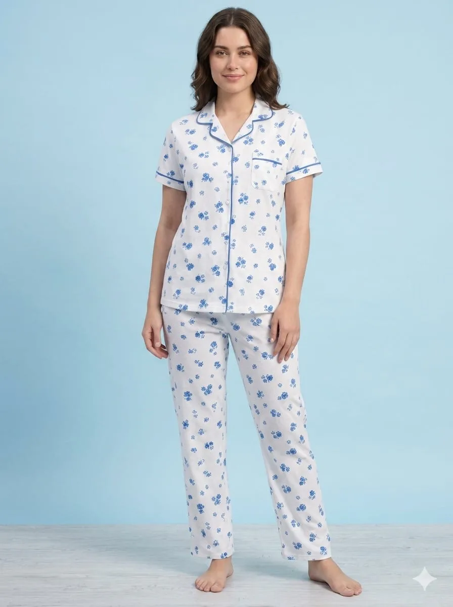 Importada Algodón Pantalon Manga Corta Flores Boton